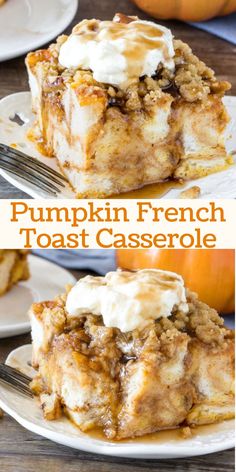 pumpkin french toast casserole with whipped cream on top