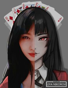 two images side by side, one with red eyes and the other with black hair