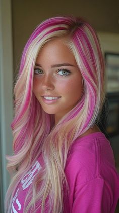 Style your hair with bubblegum pink streaks that enhance tan skin. Visit our page for tips on achieving this fun color. Save this pin for streak inspiration! Tags: #BubblegumPinkStreaks #HairColor #TanSkin Bright Color Highlights For Blondes, Gorgeous Hair Color Highlights, Pink And Purple Highlights Blondes, Colorful Hair Ideas For Blondes, Pink Color Melt Hair, Blonde And Vivid Hair Color Ideas, Fun Hair Colour Ideas, Fun Colored Hair Ideas, Blonde Hair With Fun Colors