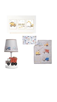 a lamp and some pictures on a white wall next to a table with a toy truck