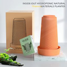 an orange vase sitting next to a box and some plants