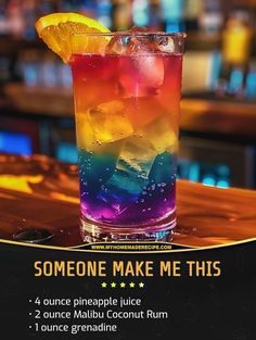 a colorful cocktail with lemon wedges on the rim and someone make me this poster