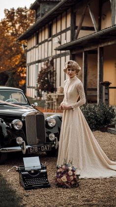 Step back in time with this vintage-inspired wedding scene. From the classic car to the intricate lace gown, every detail exudes timeless sophistication for the ultimate elegant affair. #vintagewedding #classicinspiration #elegantbride