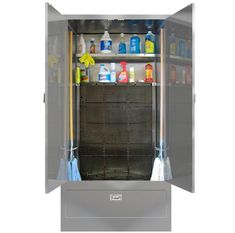 a stainless steel cabinet with cleaning products in the door and shelves on both sides,