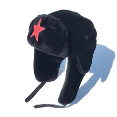 Red Star Warm Plush Trooper Trapper Hat - Starphase Black Aviator Hat For Outdoor, Black Hats With Plush Lining And Ear Flaps, Black Hats With Plush Lining For Cold Weather, Y2k Hats, Aesthetic Hat, Y2k Hat, Cycling Hat, Ear Flap Hats, Trapper Hat