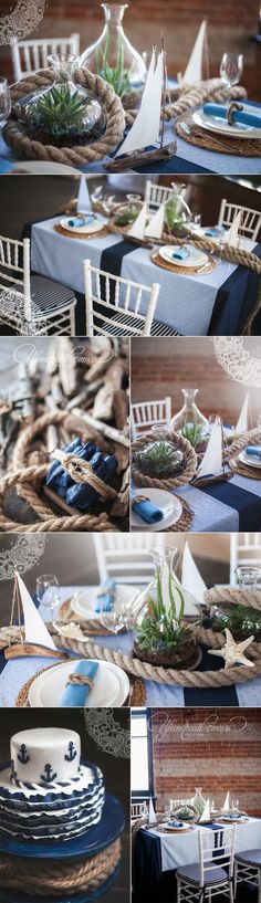 the table is set with blue and white plates, napkins, and boats on them