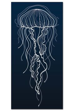 a black and white drawing of a jellyfish on a dark blue background with lines