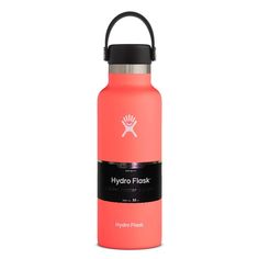 the hydro flask water bottle is pink with black lid and features a stainless steel spout