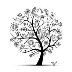 a black and white drawing of a tree with lots of flowers on it's branches