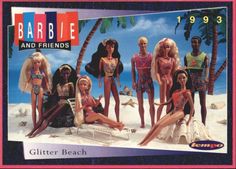 the barbie dolls are all dressed up in swimsuits and bathing suits, with palm trees behind them