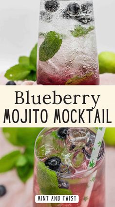 blueberry mojito mocko cocktail in a tall glass with mint and twist