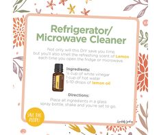 Cleaning out a grimy microwave caked with stains or a refrigerator full of mysterious sticky residue is not a fun job. 😬 However, stains, spills, and other residue will soon be replaced with the lovely scent of Lemon essential oil with this simple Refrigerator and Microwave Cleaner DIY. Ingredients: - ¼ cup of white vinegar - 1 cup of hot water 💦 - 5-10 drops of lemon oil Directions: Place all ingredients in a 30ml glass spray bottle shake and you’re set to go. 👍🏼 What once was a dreade Doterra Cleaning, Microwave Cleaner, Essential Oil Cleaner, Doterra Oils Recipes, What Once Was, Homemade Essential Oils, Lemon Essential Oil, Essential Oils Guide, Essential Oil Diffuser Recipes