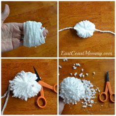 four pictures showing how to make fluffy white pom - poms with yarn and scissors