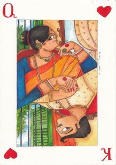 a playing card with an image of a woman holding a man's hand and the words love on it