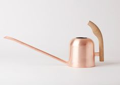 a metal watering can with a wooden handle