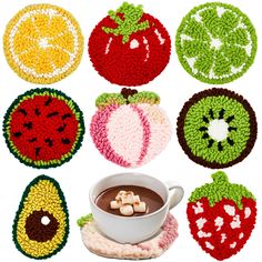 crocheted coasters with fruits and vegetables on them