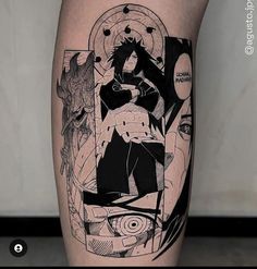 a person with a black and white tattoo on their leg