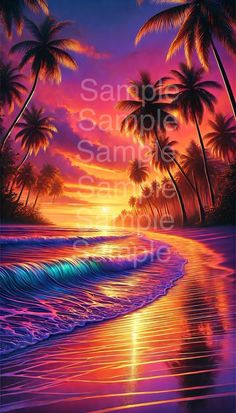 a painting of palm trees and the ocean at sunset