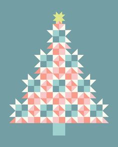 an abstract christmas tree made up of triangles on a blue background with stars in the top