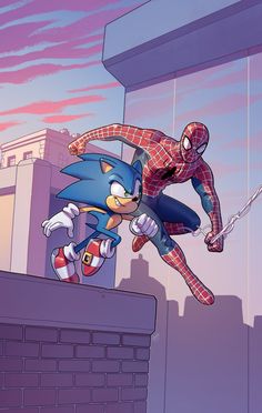 sonic the hedgehog and spider - man are on top of a building