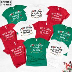 Most Likely To Christmas Group Shirt, Personalized Family Christmas Shirts, Christmas Party Shirts, Matching Christmas Shirt, Xmas Pajamas  We wish everyone to smile with our cute, stylish, and trendy graphic T-shirts. We assure you this shirt is the perfect gift whether you buy it for yourself or someone else. Black text is only used for White, Athletic Heather, Baby Blue, Natural, Orange, Yellow, Heather Peach, Pink, Mint, Cancun, Banana Cream, and Desert Pink colored shirts. White text is used for other colored shirts. Please review all the photos for the appearance of the designs on the shirts. Color and size charts are included in the listing photos. If you have any other design wish that you couldn't find in the shop, do not hesitate to CONTACT us. We are delighted to help you! 💧 C Cousin Christmas Shirts Funny, Red Christmas Shirt For Holiday, Xmas Pajamas, Christmas Pj, Matching Christmas Shirts, Christmas Party Shirts, Xmas Shirts, Group Shirts, Banana Cream