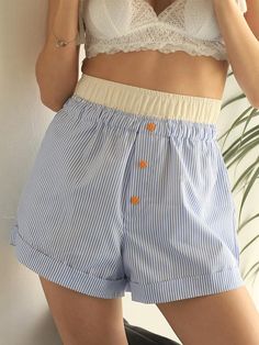 Color: Sky Blue, Size: L Boxer Pants, Summer Pajamas, Hot Shorts, Shorts Casual, Elastic Waist Shorts, Casual Stripes, Summer Fabrics, Summer Beach Wear, Girls Pajamas