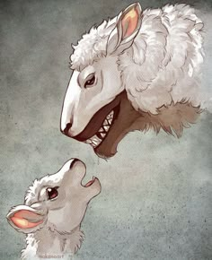 an illustration of two sheep with their mouths open and one lamb looking at the camera