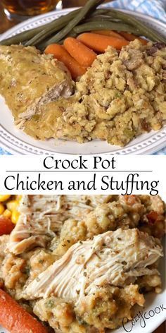 crock pot chicken and stuffing on a plate with carrots