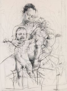 a black and white drawing of a woman holding a baby in her arms, with lines drawn on the wall behind her