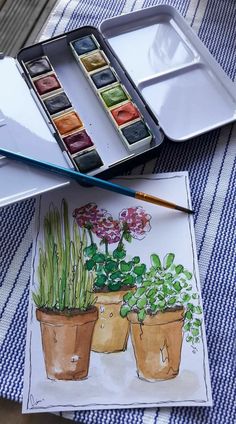 some watercolors are sitting on a table next to two pots with plants in them