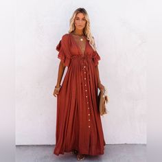 Gorgeous Semi Sheer Flowy Cover Up Dress * Ruffle Short Sleeve * Adjustable Tie Waist * Button Front * Unlined * Raw Ruffled Edges * Pockets Approx. 51" To 52" Long Fit Multiple Sizes Small Medium Large Extra Large Xl Color Rusty Red Also Available In White, Black, Blue, Purple, Tan, Beige Ivory, Gray And Olive Green #Babydoll Empire Dress Spring Summer Fall Festival Spell Gypsy Casual Vacation Coastal Flirty Lingerie Short Beach Bunny Resort Photo Shoot Maternity Tunic Flounce Flutter A Line Fl Summer Button-up Maxi Dress For Beach, Solid Beach Dress With Button Closure, Summer Beach Maxi Dress With Buttons, Summer Beach Maxi Dress With Button Closure, Red Button-up Dress For Vacation, Red Button-up Vacation Dress, Red Buttoned Maxi Dress For Summer, Button-up Maxi Dress For The Beach, Button-up Maxi Dress For Beach