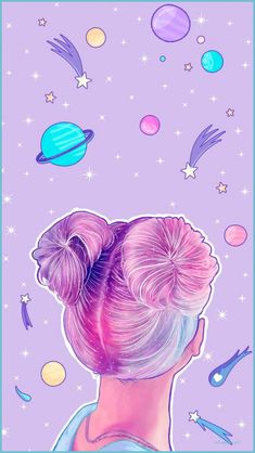 the back of a woman's head with space and stars in the sky behind her