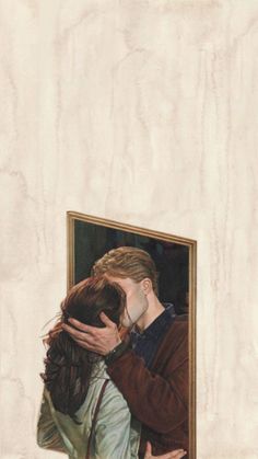 a painting of two people kissing in front of a mirror