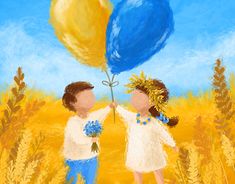 a painting of two children holding blue and yellow balloons in the middle of a wheat field