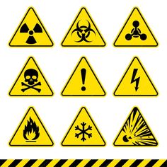 various hazard signs are shown in yellow and black