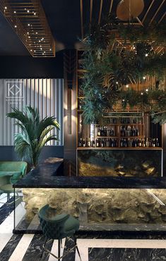 a bar with green chairs and plants in the corner, next to it is a black marble counter