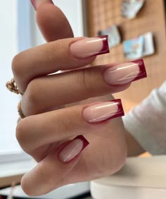 Simple Nails Design Fall, Nails French With Color, Maroon Red French Tip Nails, Christmas Coloured Nails, Opposite French Tip Nails, Acrylic Nails Short Square Design, Basic Elegant Nails, Cherry Red French Tip Nails Square, Winter 24 Nails