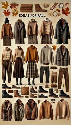 The image features a collection of cozy and stylish outfits for both men and women. For women, there are outfits like a chunky knit sweater paired with a plaid skirt and ankle boots, a long coat layered over a turtleneck with high-waisted jeans, and a scarf draped over a sweater dress with knee-high boots. For men, the outfits include a wool sweater paired with dark jeans and leather boots, a flannel shirt under a quilted vest with chinos, and a tailored overcoat layered over a hoodie with casual pants. The color palette includes warm autumn tones such as burgundy, mustard, olive green, and deep browns. Accessories include beanies, scarves, and leather gloves. The background features subtle fall-themed elements like autumn leaves or a cozy indoor setting with soft lighting. Dress Outfits With Sweaters, Cute Fall Outfits For Moms, Hufflepuff Autumn Outfit, Plaid Coats For Women Outfit, Fall Clothes Ideas, Long Plaid Vest Outfit, Winter Librarian Outfit, Chenille Sweater Outfit, Brown Sweater Vest Outfits For Women