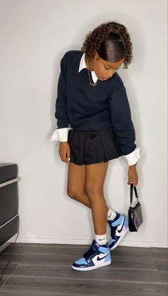 Black Skirt Jordans Outfit, Jordan Skirt Outfits, Dress And Jordans, Tenis Skirt Outfits, Tennis Skirt Outfit Black, Jordan 1 Retro High Unc Patent, Fits With Skirts, Black Tennis Skirt Outfit, 6th Form Outfits