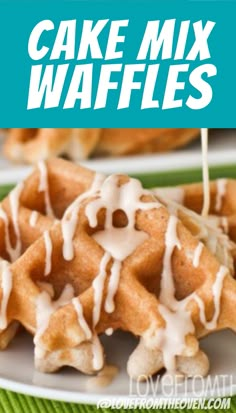 a white plate topped with waffles covered in icing