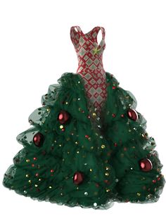 a green christmas tree ornament with red and gold ornaments on it's bottom