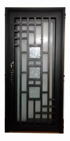 a black door with glass panels on it