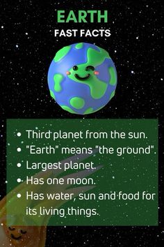 an image of the earth with text that says, earth fast facts third planet from the sun earth means the ground largest planet has one moon has water and food for its living things