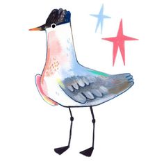 a watercolor drawing of a bird with stars in the background