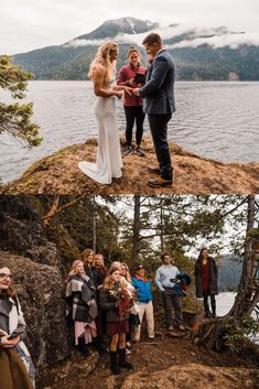 a couple getting married at the top of a cliff in front of some water and mountains