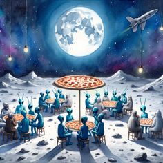 an image of people eating pizza on the moon