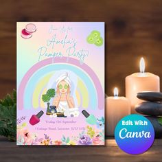 an image of a birthday party card with candles and flowers on the table next to it