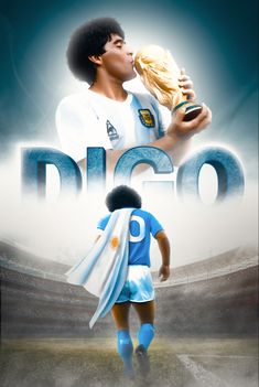 a man holding a soccer ball in front of his face with the word diego written on it