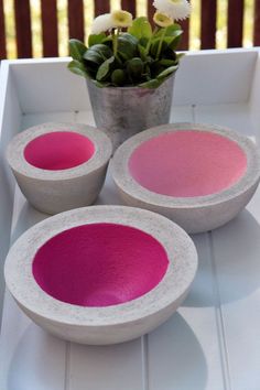 three cement bowls with pink interior sit on a table next to a potted plant