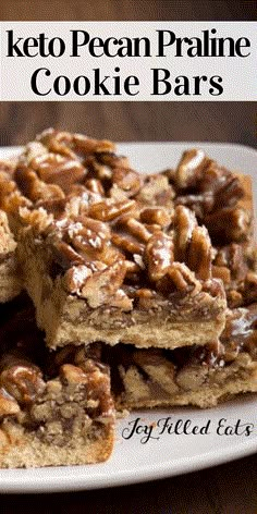 keto pecan pie cookie bars stacked on top of each other with text overlay